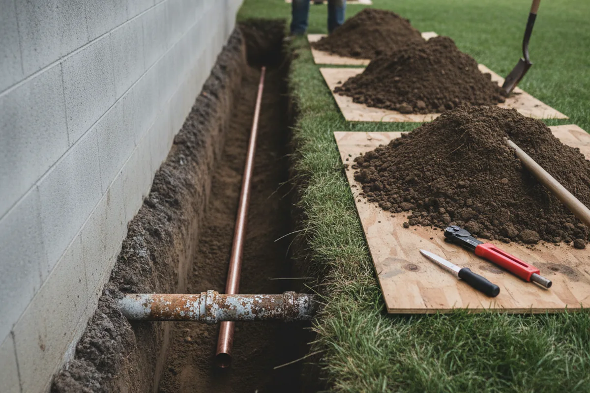 Excavated water line trench during Water Heater Repair in Etoile